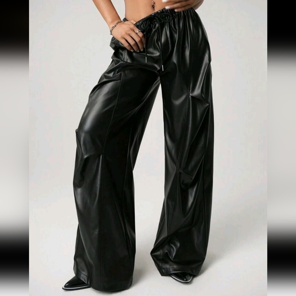 Pants - Women's Solid Color PU Leather Low Waist Pleated Decor Loose Wide Leg Pants